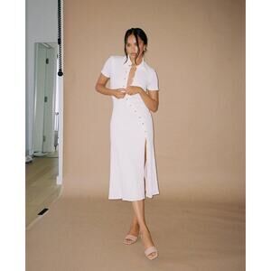 Song of Style Polly Midi Dress in White Medium Short Sleeve Button Front Lined